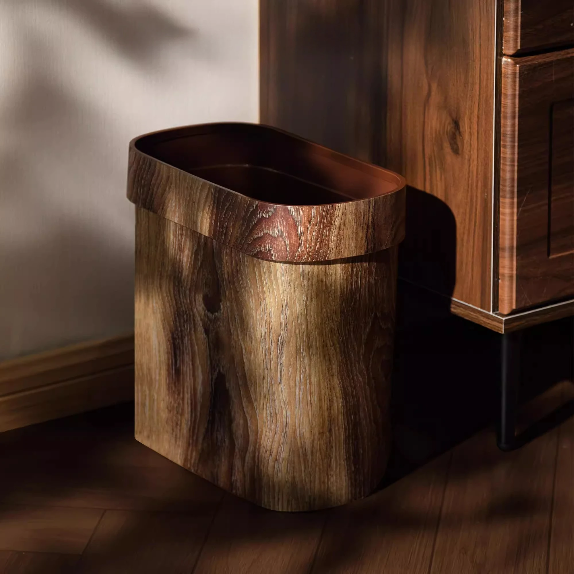 

Vintage Imitation Wood Grain Trash Can for Home Living Room with Pressure Ring, Large Size, No Lid