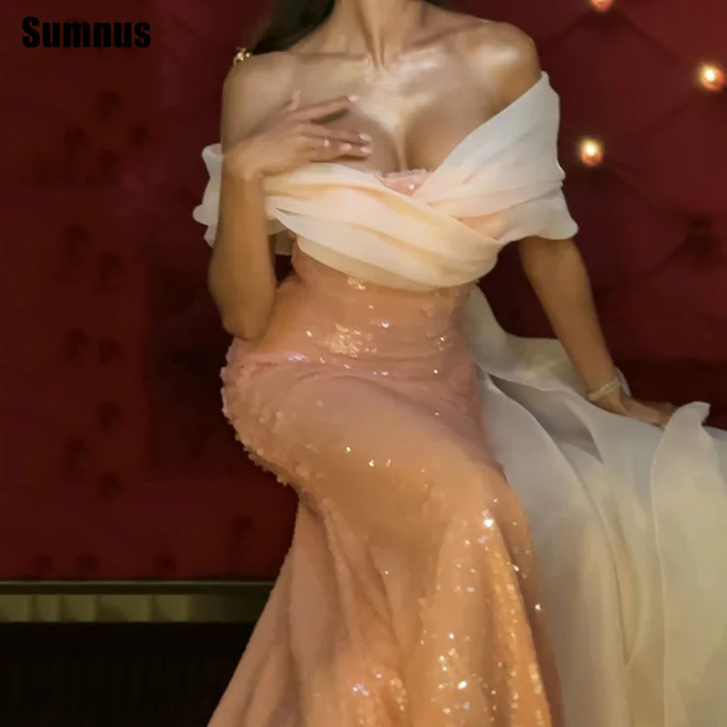 

Sumnus Sparkly Mermaid Evening Dresses Pink Off Shoulder Sequined Maxi Formal Occasion Dresses שמלות ערב Customized