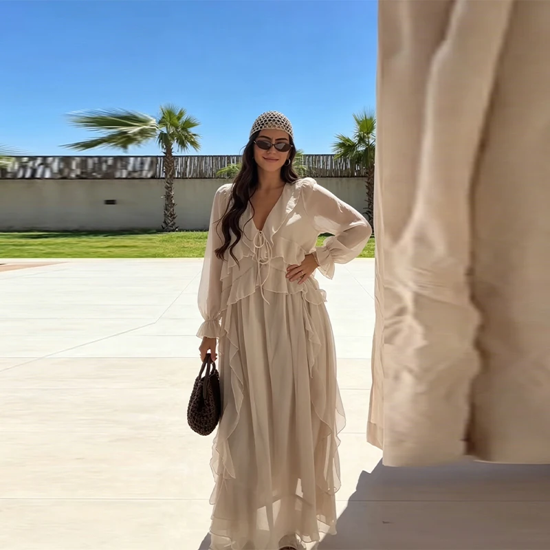 2026 Einfarbiges Rüschen-Maxikleid für Damen V-Ausschnitt Langarm Chiffon Fließendes Bohemian Sommer Urlaub Strand Cover-Up Kleid