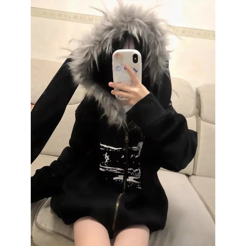 

Американская винтажная куртка из искусственного меха с капюшоном, женские осенние хлопковые пальто 202, верхняя одежда, дизайн субкультуры, готические толстовки в стиле Харадзюку