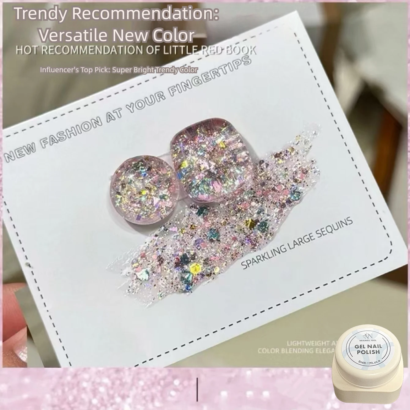 MIANEL Hochdichter, fein glitzernder, pinkfarbener UV-Gel-Nagellack – funkelnd, aufhellend und schmeichelhaft für den Hautton.