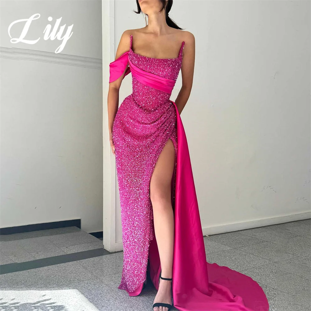 Vestido de Noche rosa de lirio, vestidos de fiesta elegantes y sexis de sirena con lentejuelas de satén plisado y cuello redondo, vestido de noche de boda dividido, batas de velada