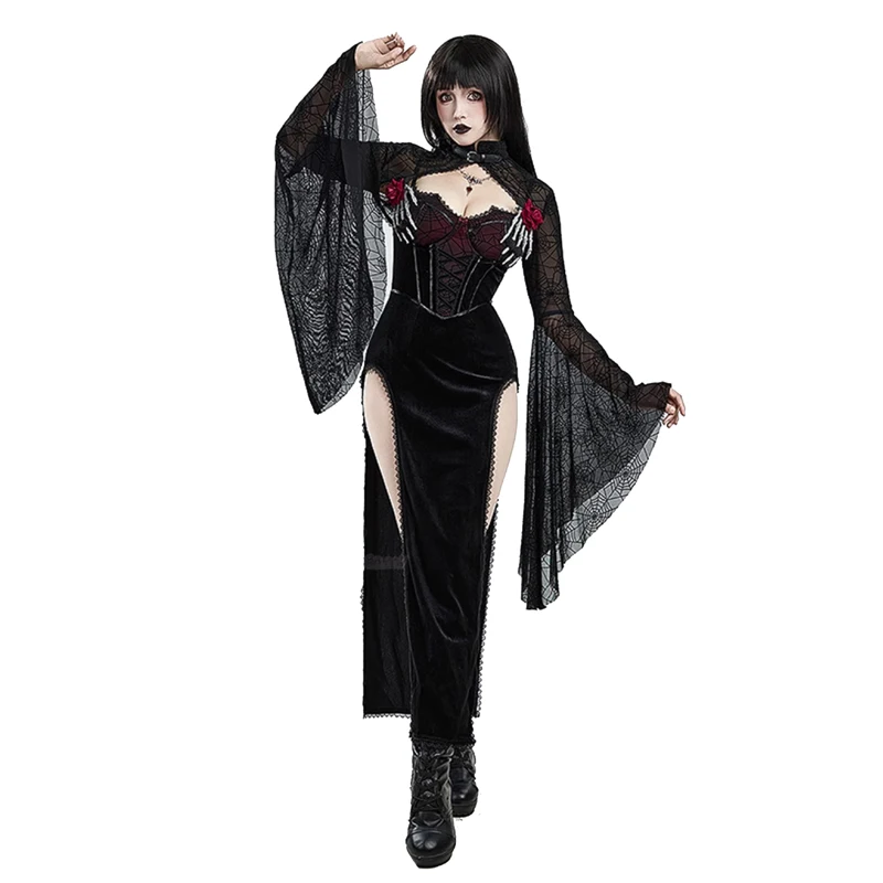 

New Vampire Ghost Cosplay Costume Women Sexy Black Witch Dress Necklack Gothic Style Long Dress Halloween Carnival Party Clothes
