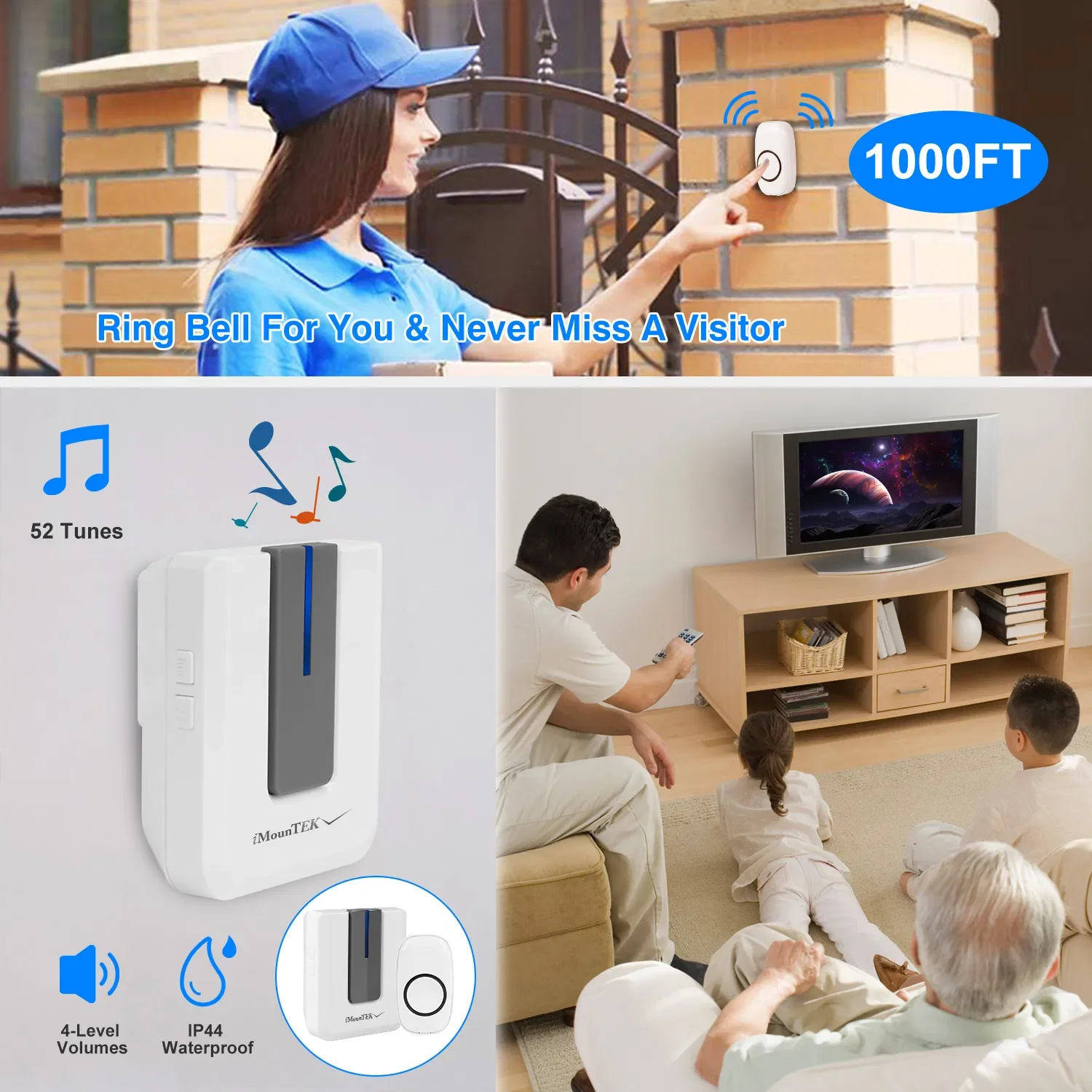 Wireless Doorbells Rings 1000FT Operating Range IP44 Waterproof Door Chime