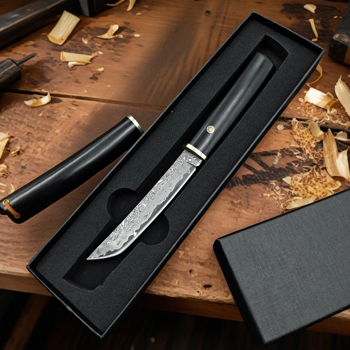 Damascus Pattern Utility Knife with Sheath, Sharp High Carbon Steel Blade for Kitchen & Outdoor Use, black sandalwood Handle