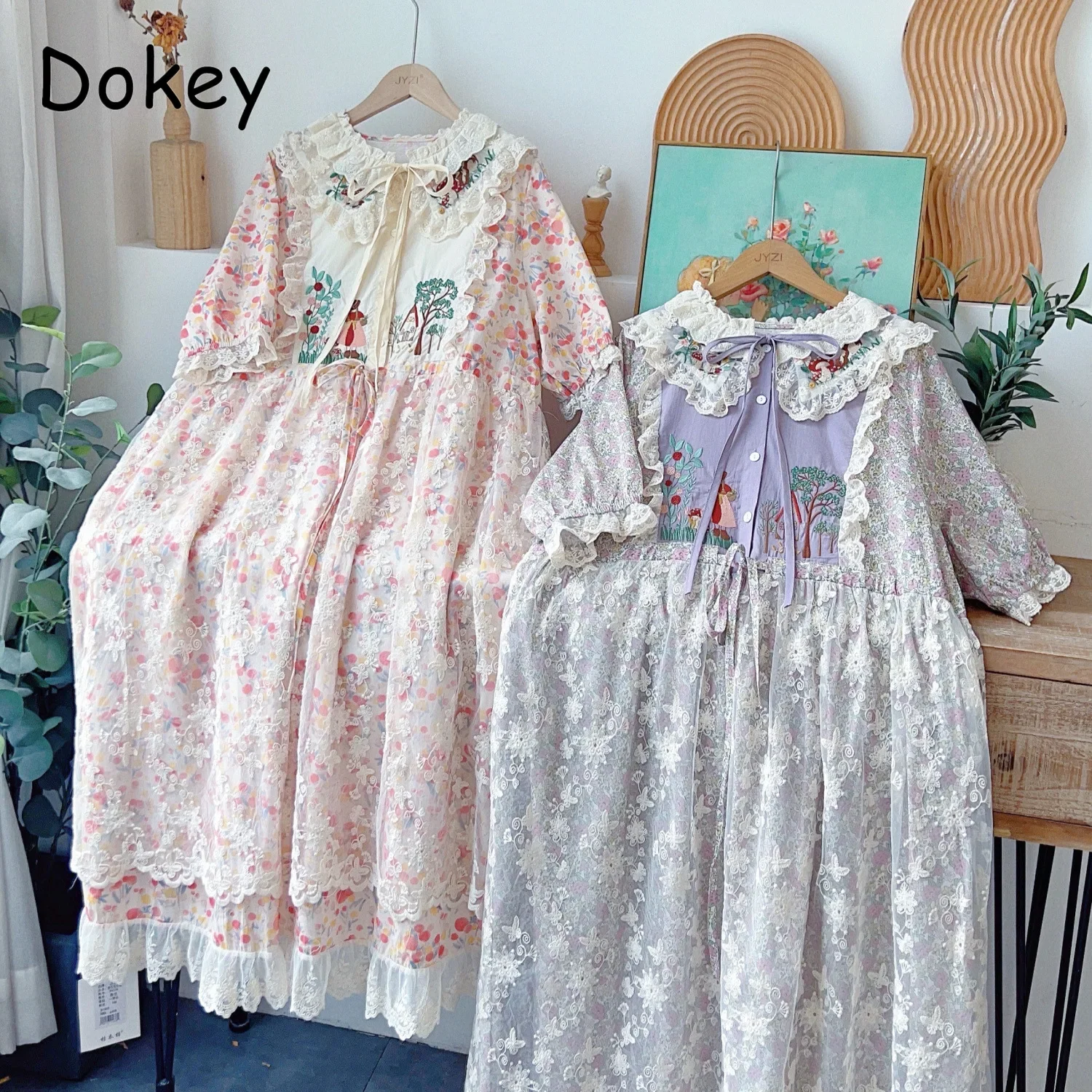 

Women's Kawaii Mori Girl Style Floral Dress Summer Vintage Peter Pan Collar Loose Lolita Fairy Long Dress Casual A-line Vestidos