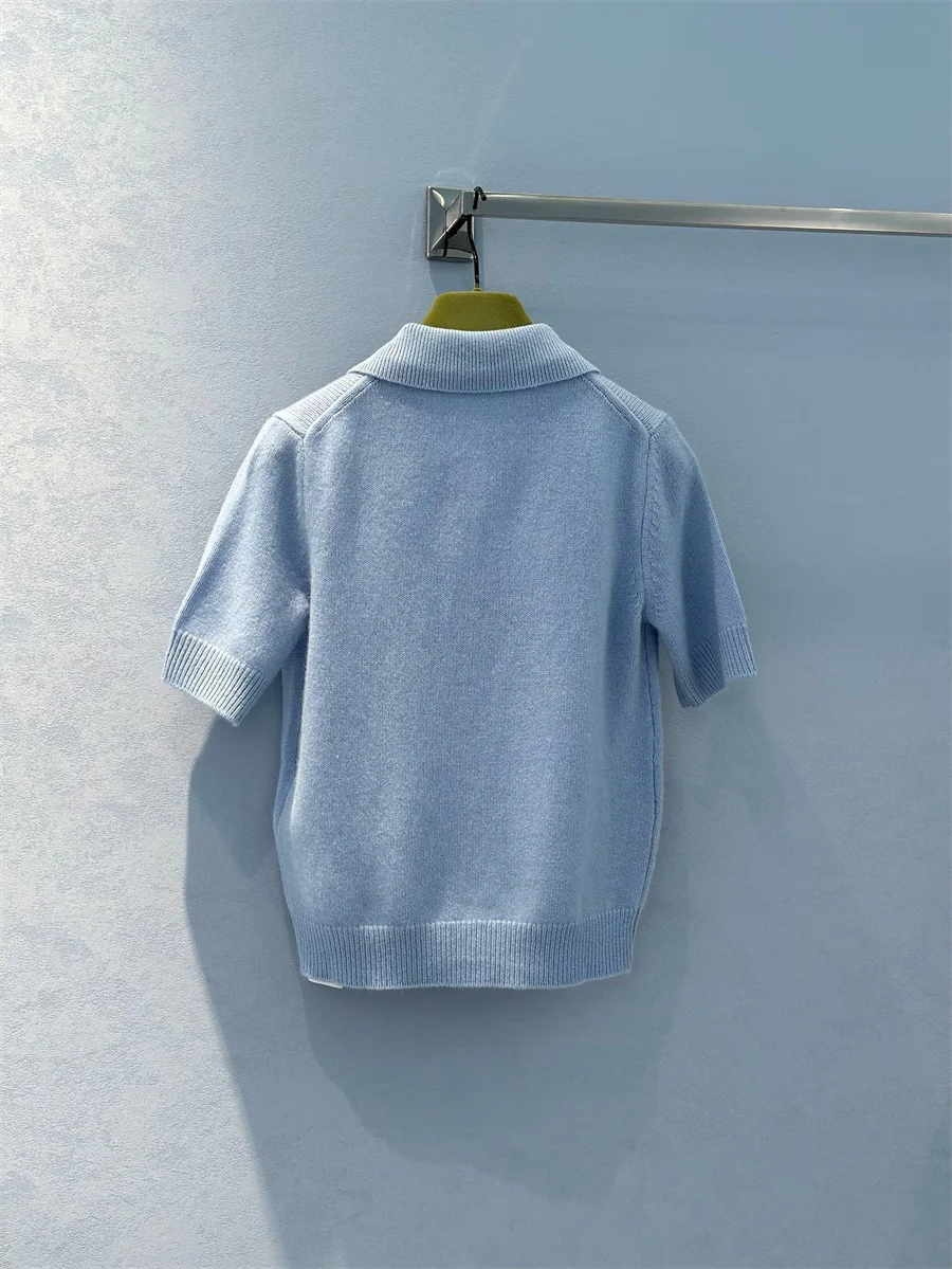 Embroidered Wool Sweater, Short Sleeve, Blue Collar, Classic Sweater, New Collection, 2024 Autumn and Winter