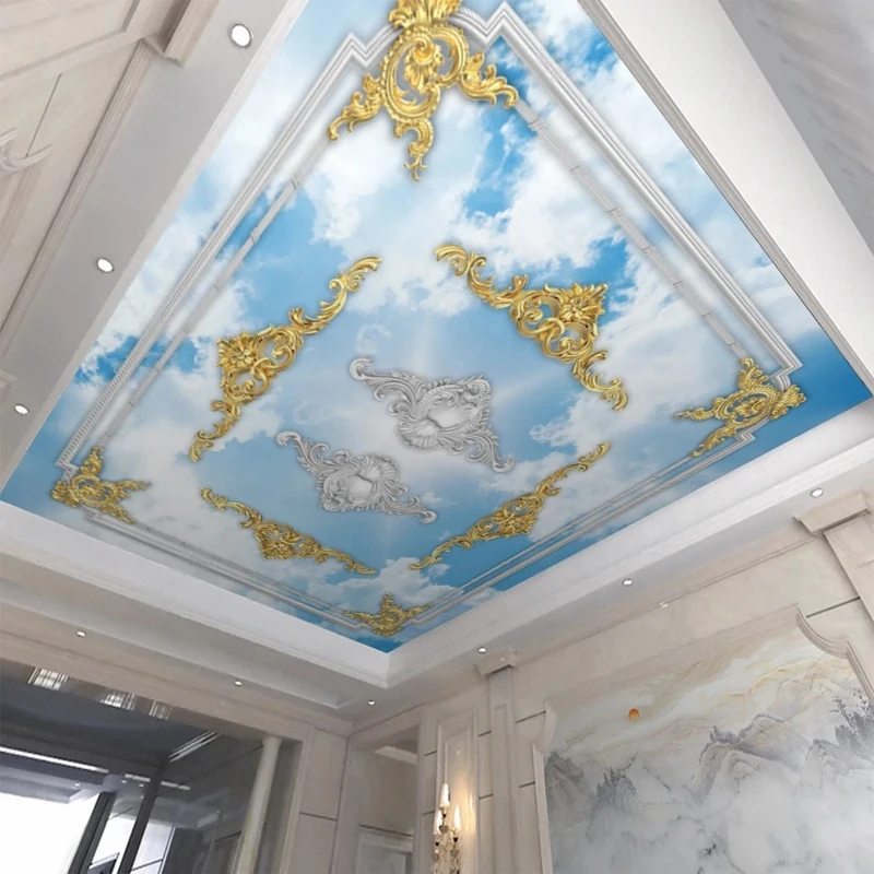 Large Size Mural Paper European Blue Sky White Clouds Gypsum Thread Carving 3D Relief Wallpaper for Ceiling Roof Home Decoration