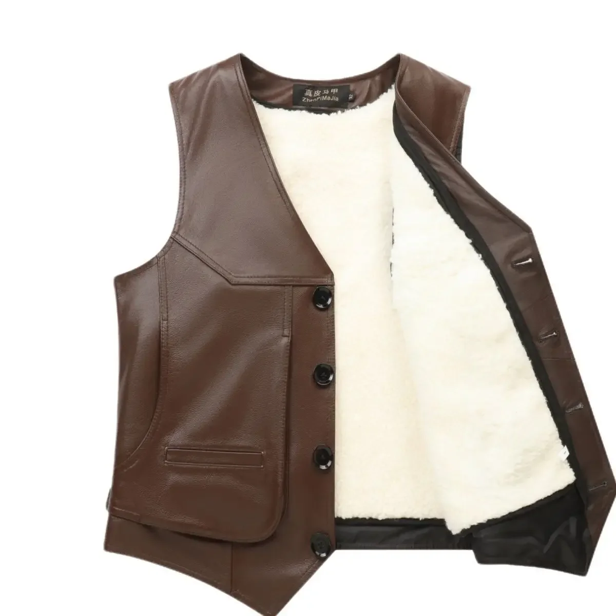 Mens Genuine Leather Cowhide Vest  Middle Aged and Elderly Men's Winter Vest Integrated with Fur and Thick Wool Lining Vest