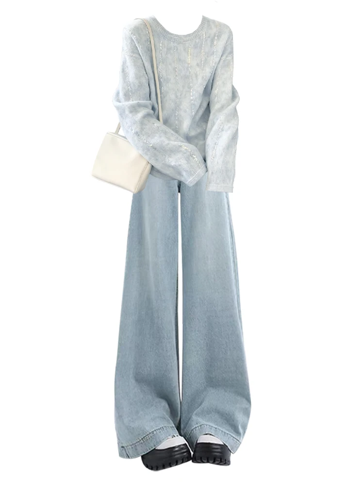 Korean Sle Autumn Winter Blue Knitted Sweater High Waist Slimming Jeans Two Piece Set Women's Faion Sweet Youthful Look