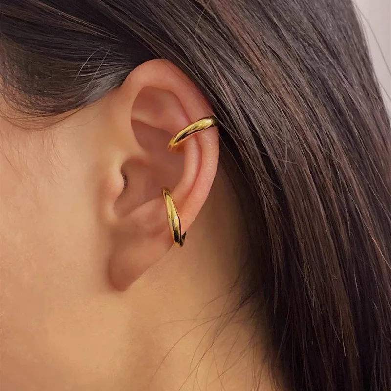 2024 One Pair Irregular Hammered Abstract Artistic Stainless Steel Gold Plated Ear Cuff Women's Trendy Fashion Clip on Earring
