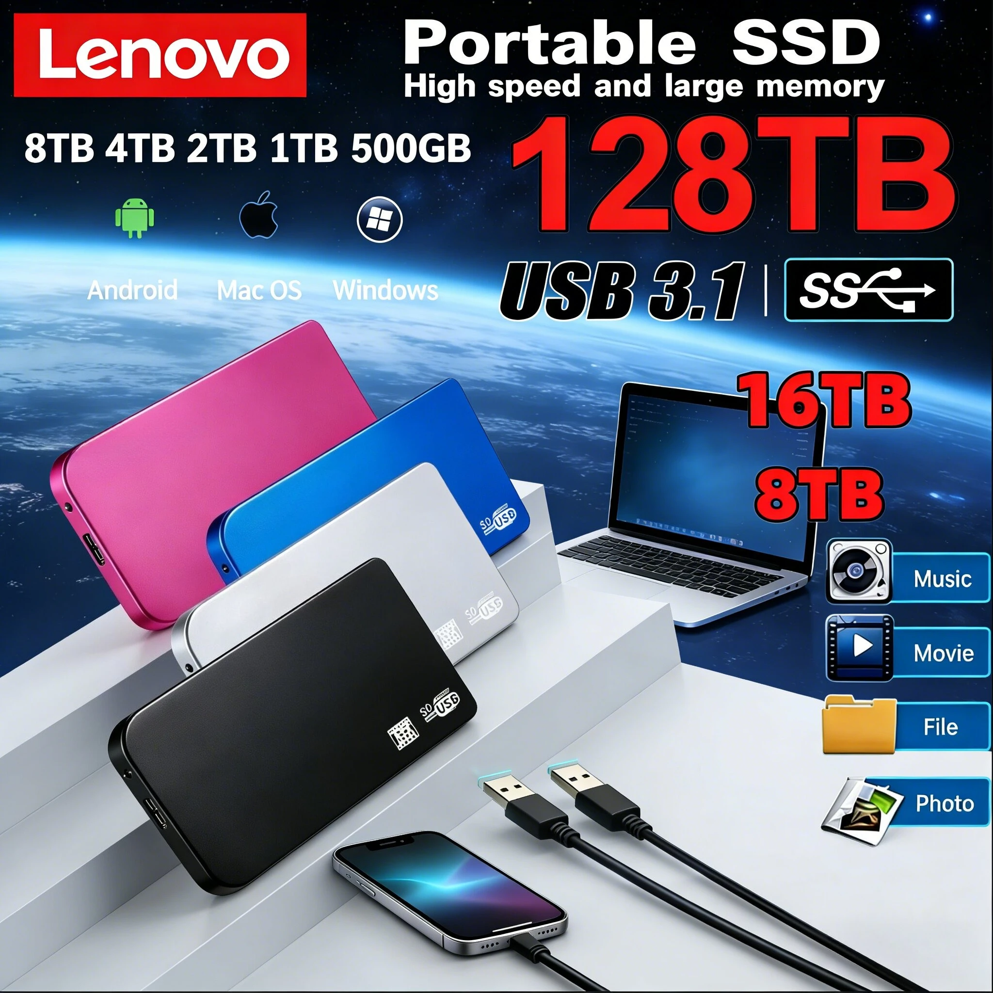 

Внешний корпус для SSD-накопителей Lenovo 128 ТБ/64 ТБ, высокоскоростной, USB 3.0, с кабелем USB 3.0, ABS-пластик