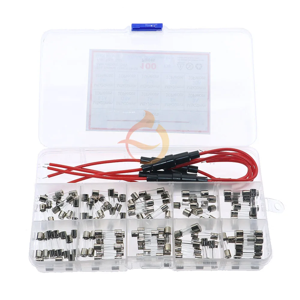 100pcs 5x20mm Quick Blow Glass Tube Fuse 5pcs Fuse Holder Screw Type with 16AWG Wire Assorted Kit 10Value Each 10pcs