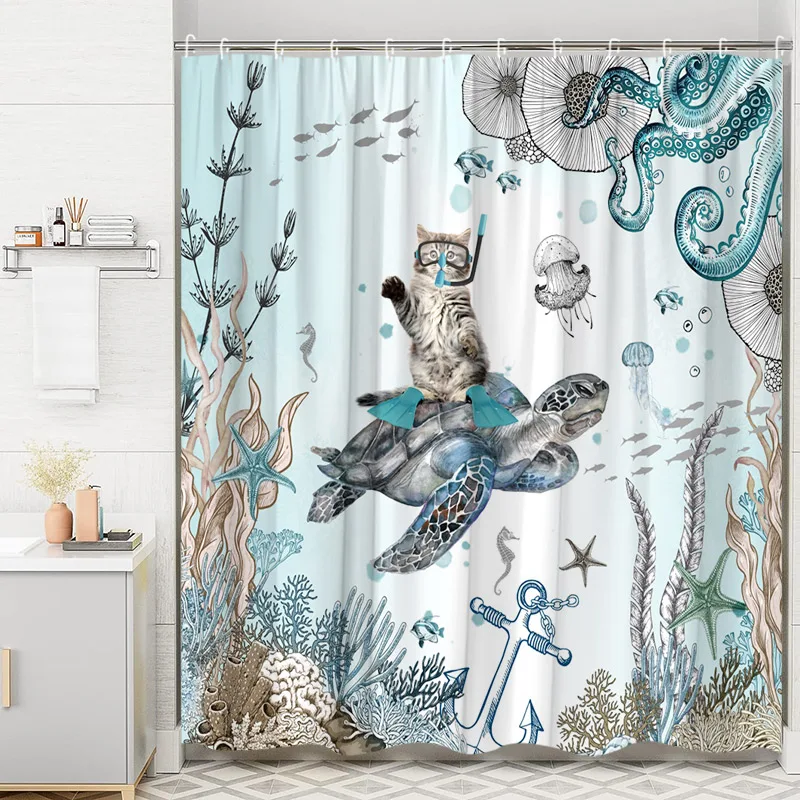 Ocean Animal Shower Curtain, Undersea Sea Turtle Seahorse Starfish Coral Fish FunnyCat Sailboat Stone Print Bathroom Decoration