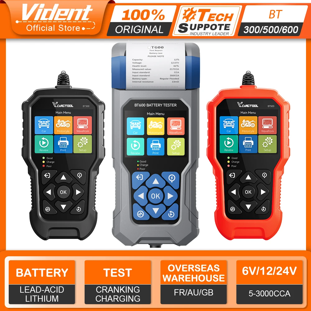 VDIAGTOOL 6V/12V/24V Battery Tester Data Review Capacity AGM/GEL/EFB Analyzer Cranking Test&Charging Test with Printer