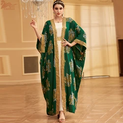 Uni Dubai Gold Stamping Abaya Set due pezzi con cintura per donna musulmana manica a pipistrello lusso sciolto marocchino caftano saudita