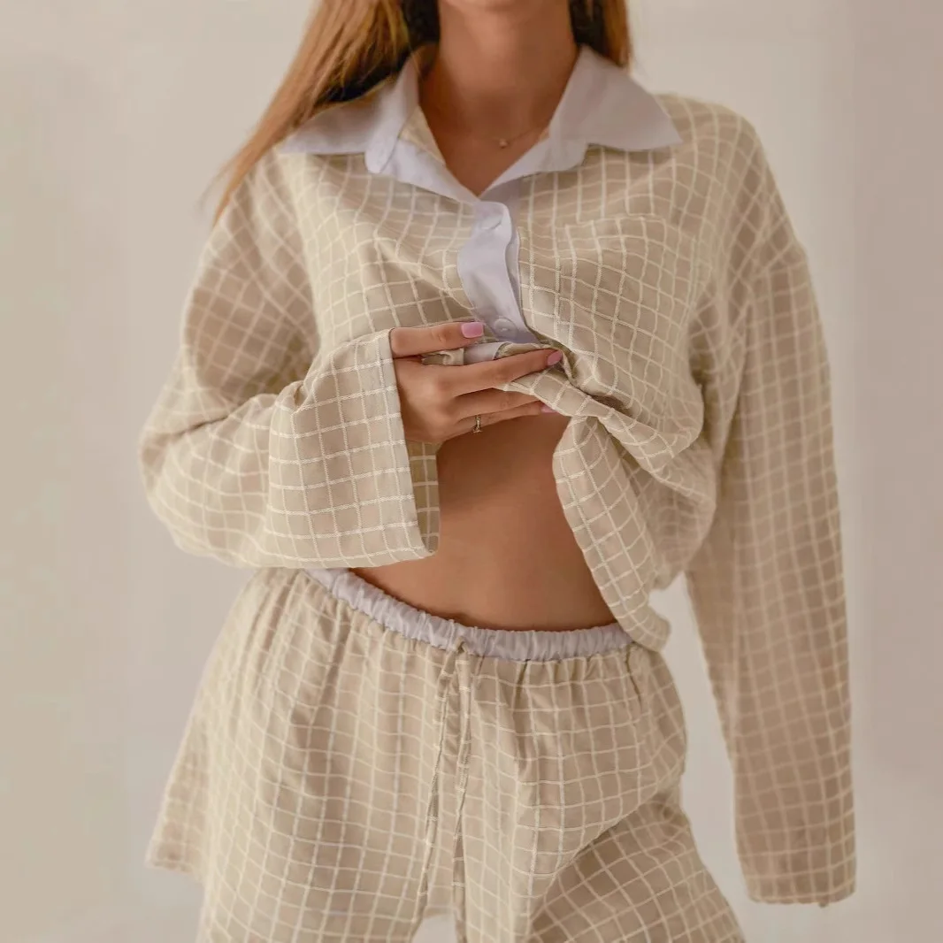 

2025 Summer New Plaid Patchwork Shirt Wide Leg Shorts Two-piece Set with Stylish Design