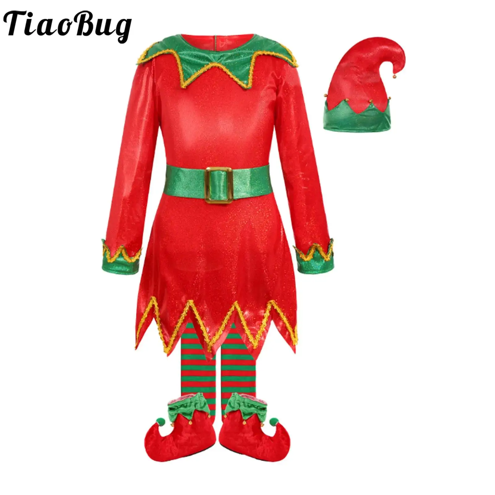 Girls Elf Christmas Costume Fancy Dress Up Outfit Long Sleeve Zipper Jagged Hem Dress Xmas Hat Stripe Socking And Shoes Set #1