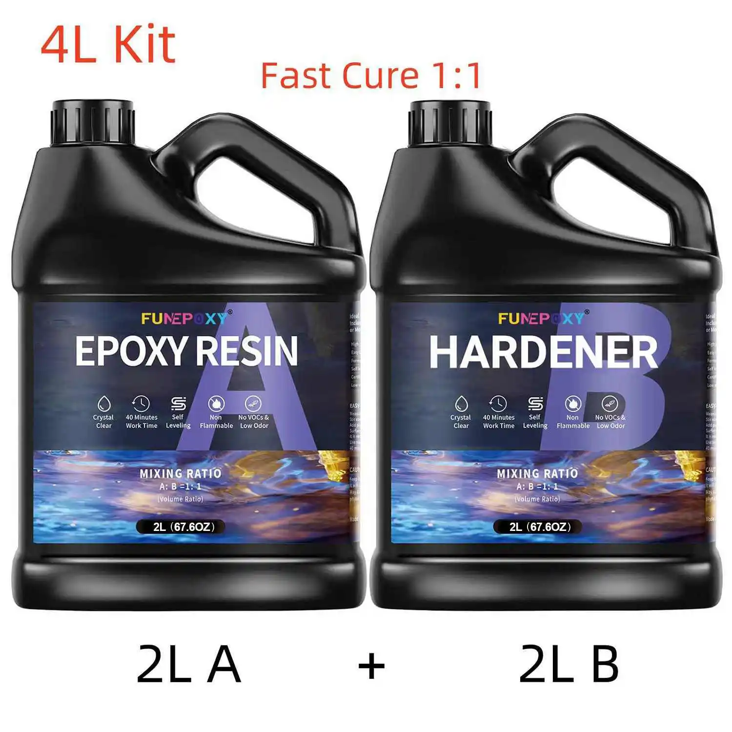 Résine Époxy Transparente AB - Kit 4L (2L A + 2L B) - Rapport 1:1 par Volume, Haute Brillance pour Art DIY, Tables en Résine, Fabrication de Bijoux, Moulages