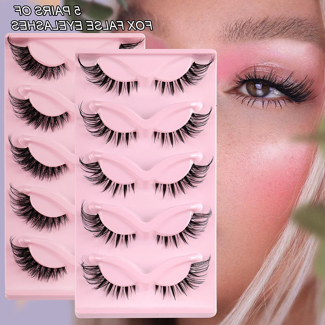 5 Pairs Fake Lashes Fox Eye Natural Look Makeup Extension Handmade Strip Lashes Fluffy Faux Mink Half False Eyelashes Cat Eye