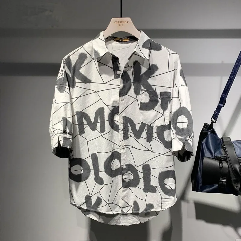 Trend Originality Personality Street Casual Letter Graffiti Line Versatile Loose Handsome Thin Style Men's Shirts Summer 2024