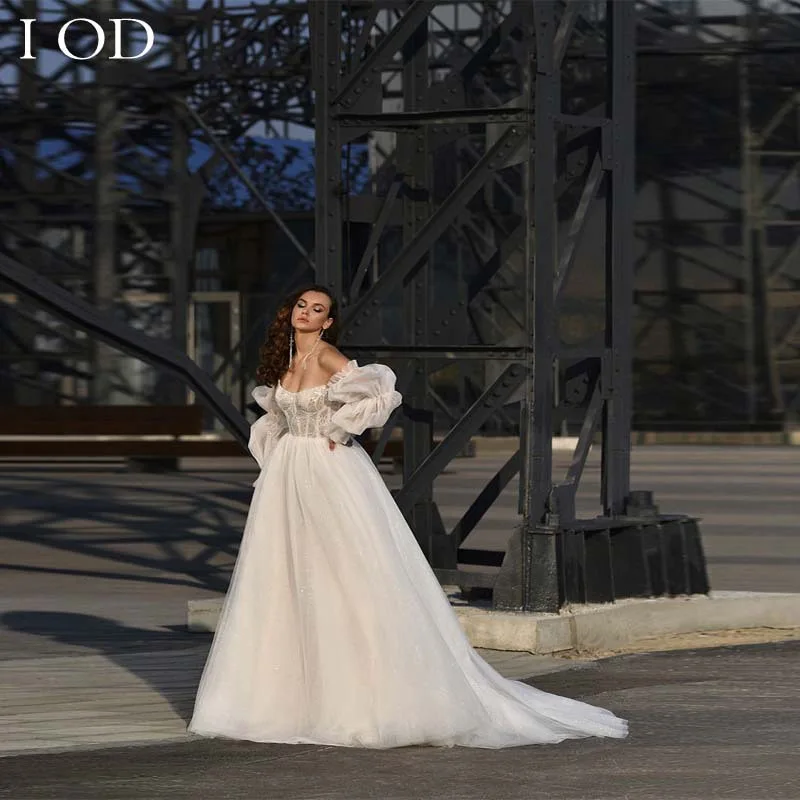 CloverBridal Off Shoulder Long Sleeves Glitter Tulle A-line Wedding Dresses Sequined Ivory 2024 vestido de novia WW8267