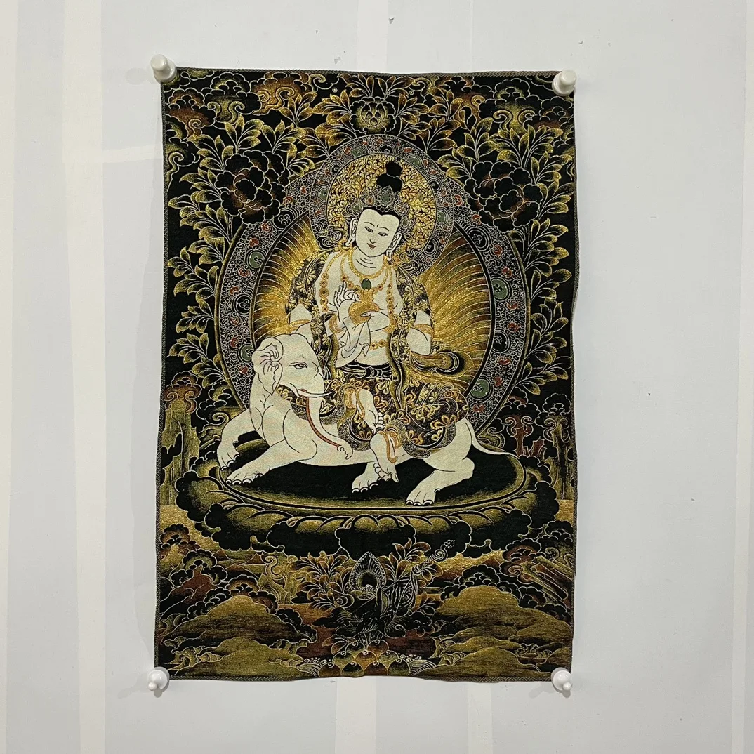 

35"Thangka Embroidery Tibetan Buddhism silk brocade Samantabhadra Bodhisattva Buddha White Elephant Thangka Worship Hall