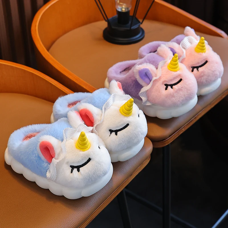 

Cute Unicorn Plush Kids Slippers - Warm Fuzzy Indoor Shoes for Boys & Girls, Cartoon Animal Design, Non-Slip Soft Sole, Winter H