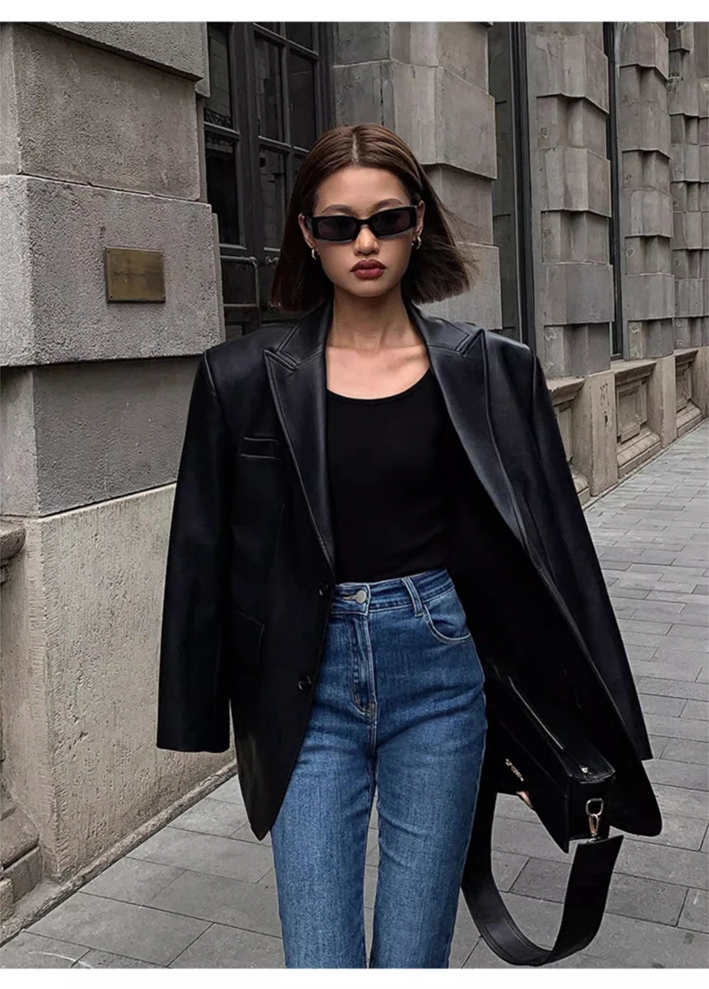 Lautaro Autumn Black Brown Soft  Pu Leather Blazer Women Shoulder Pads Long Sleeve Single Breasted Loose Casual Korean Fashion