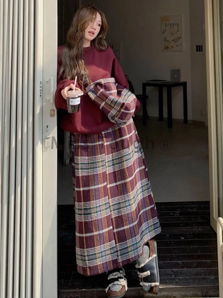 Harajuku Red Sweet Two Piece Set Women Preppy Style Elegant Plaid Midi Skirt Sets Female Korean Slim Casual Suit 2024 Winter New