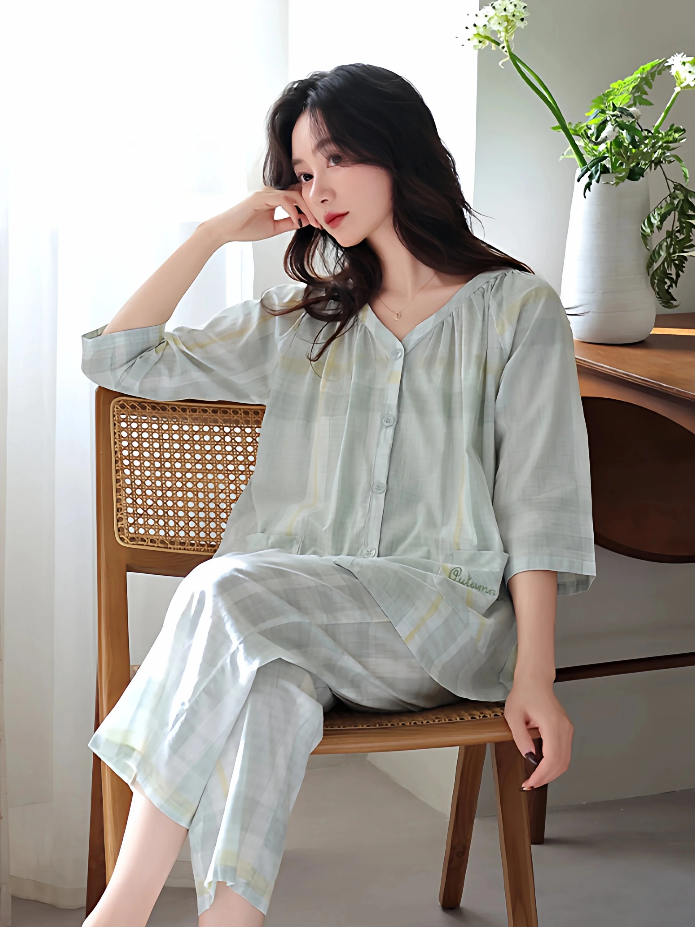 pure-cotton-woven-sleepwear-women's-spring-autumn-style-seven-sleeve-nightgown-soft-breathable-home-clothes-for-summer-and-sp