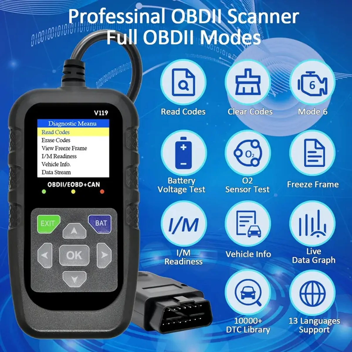 Outil de diagnostic de voiture V119 Scanner OBD2 avec test de tension de données en direct et alimentation USB pour tous les véhicules EOBD/CAN (lecture/code clairs)