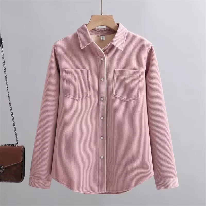 

Corduroy Shirt For Women Slim Fit Thick Plush Warm Single-breasted Top Spring Autumn New Turndown Collar Long Sleeved Blouse
