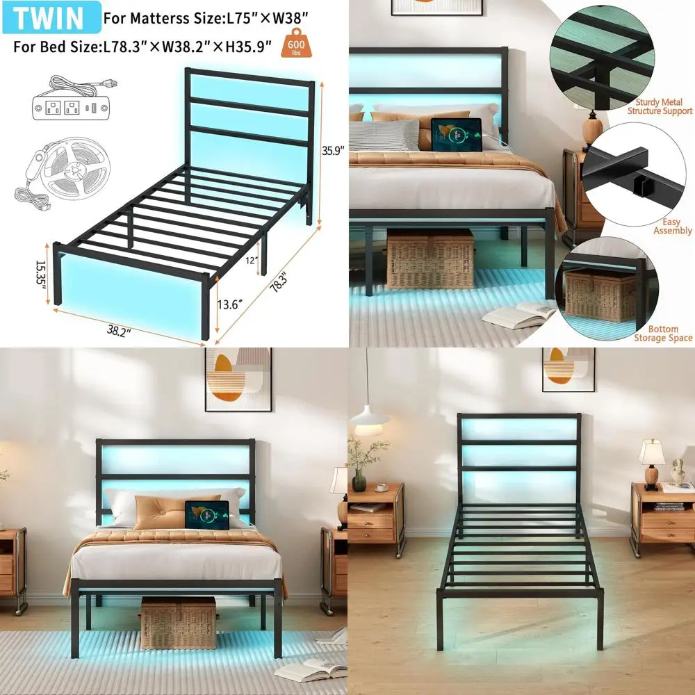 

Heavy-Duty Steel Twin Bed Frame with LED USB Ports, Headboard, and Underbed Storage - No Box Spring Needed, Black