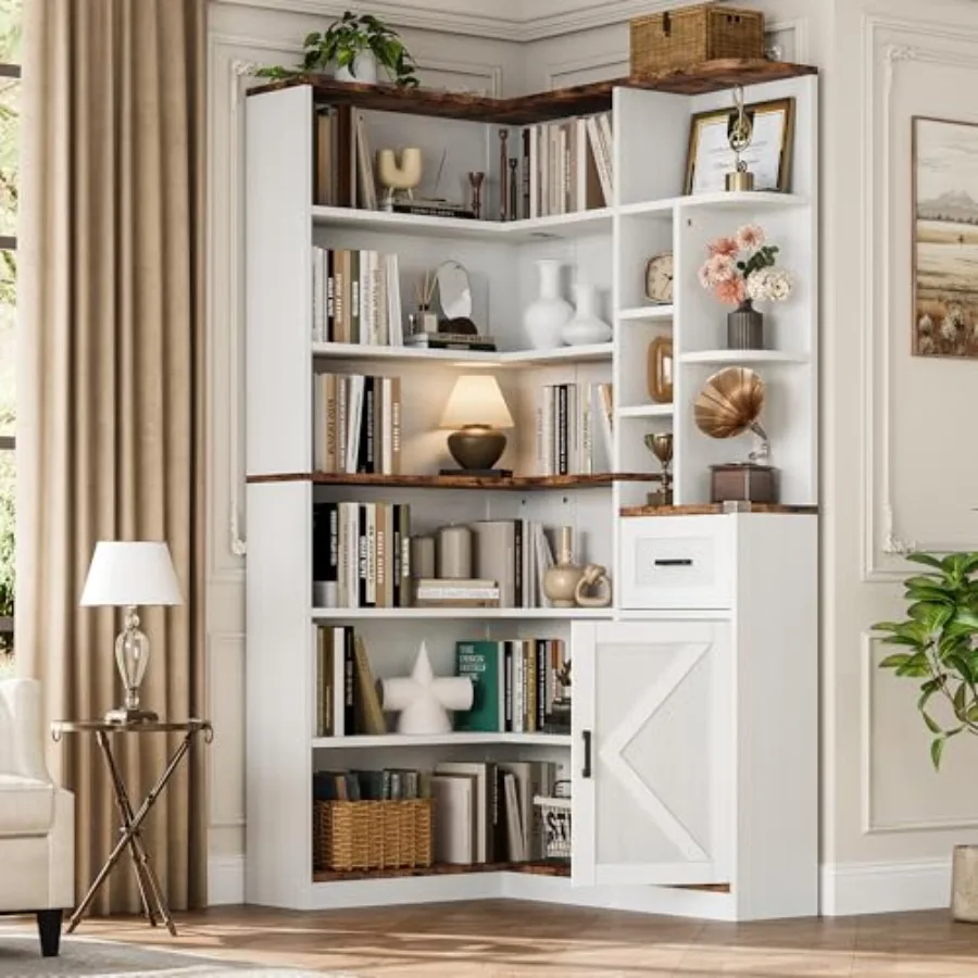 74'' Tall Corner Bookshelf for home office use, engineered wood in white, 6-tier L-shaped design with drawer and cabinets, mode