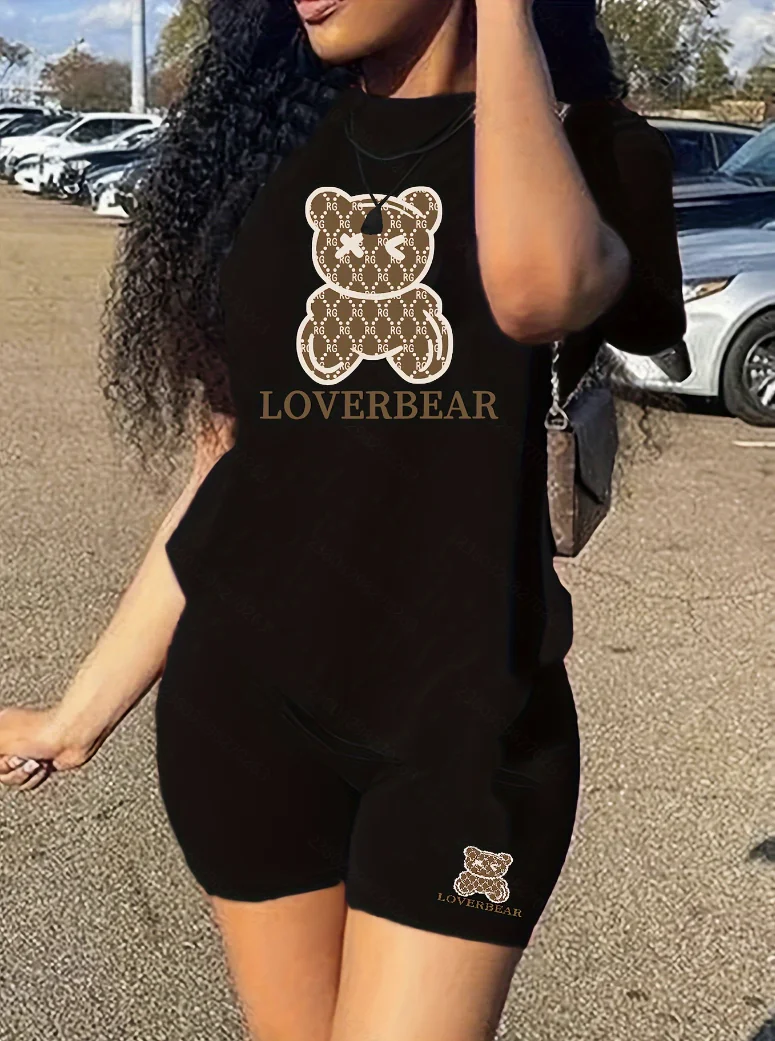 

Женский брючный костюм из двух частей с принтом медведя, повседневная футболка с коротким рукавом и узкие шорты, женские, всесезонные