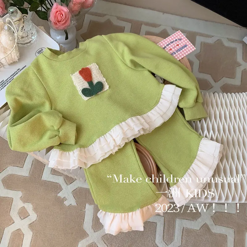 

Children's Clothing 2023 Spring and Autumn Girls Fresh Knitting Suit Sweet Sweater Casual Two-Piece Pants