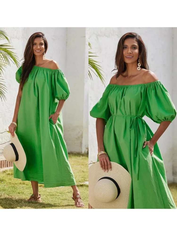 New Dress Casual Puff Sleeves Slant Shoulder Elegant Dress Fashion Green Loose Office Holiday Beach Party Dresses Robe Femme