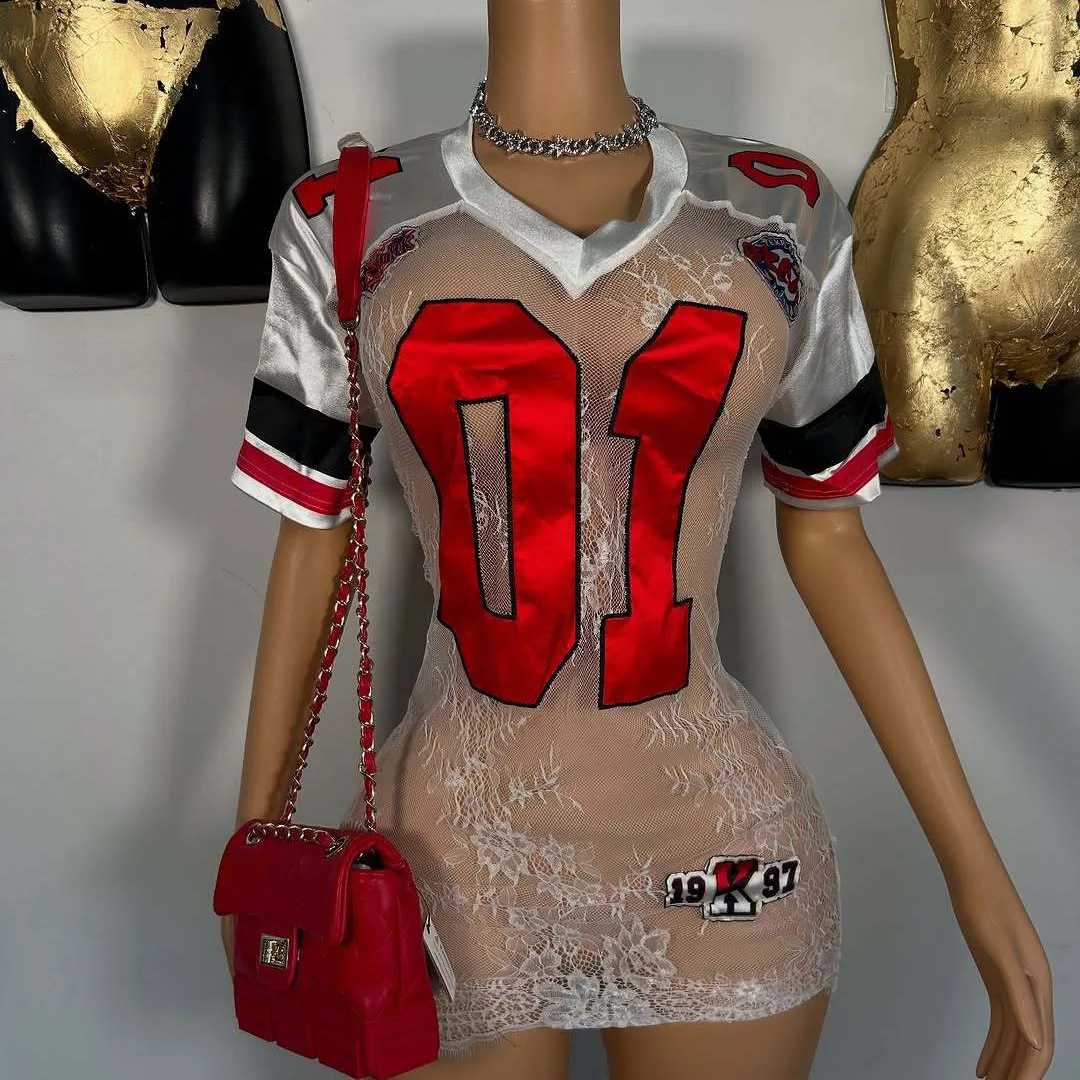 

Lace Patchwork Digital Print See Through Mini Dress Women 2025 Autumn Short Sleeve V Neck Jacquard Stretch Party Club Bodycon