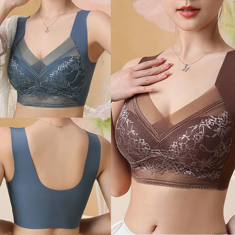 Women Large Push Up Ice Silk Seamless upper Bralette Lace Wireless Summer Bras Plus Size Top Lingerie Underwear Breastfeeding