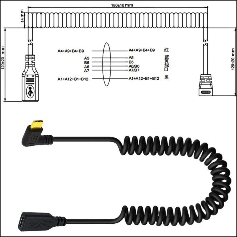 Elastic expansion contraction Type C Male to Female Data Charging Extension Cable Cord Right Angle Elbow Usb C Male Female Line