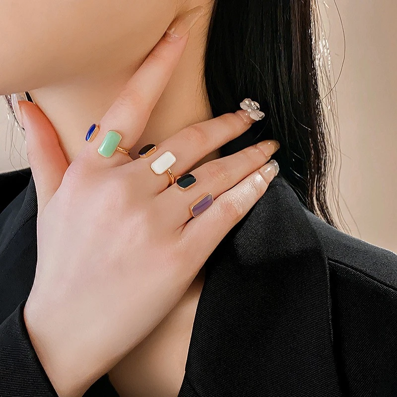 Color-block Square Dripping Oil Ring Women Fashion Retro Geometric Adjustable Open Rings Party Wedding Jewelry Birthday Gift K