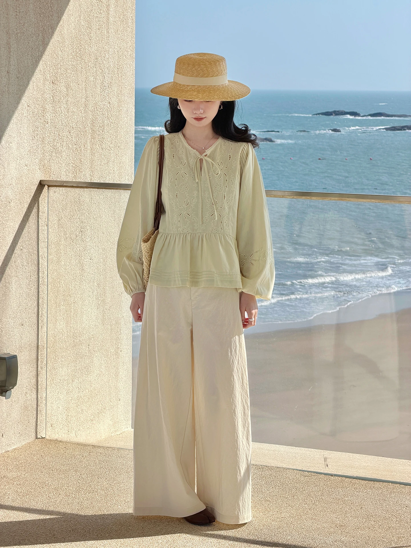 

Ramesse Early Spring Diary Khaki Wide Leg Pants Loose Casual Floor Length Trousers Elastic Waist Lazy Cotton Women's Jeans