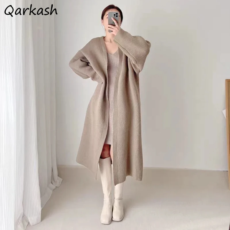 Cárdigan de punto Vintage de longitud media para mujer, abrigos holgados lisos y sencillos que combinan con todo, prendas de vestir elegantes de estilo coreano con cuello en V para ocio de invierno