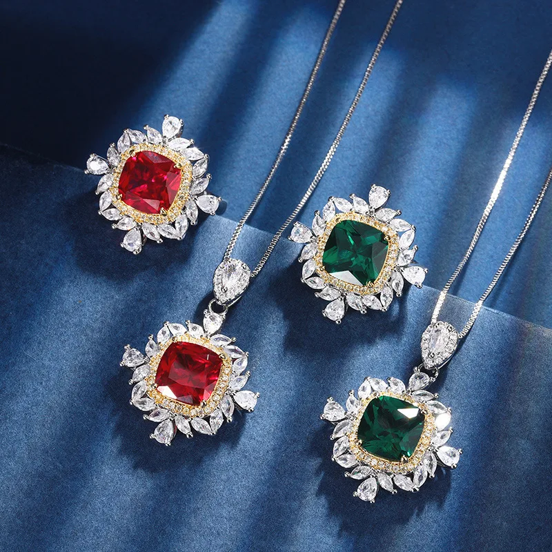 

Beads Copper Sole Plated Jewelry Suit True Color Red Corundum Retro Fat Square Suit Women10*10