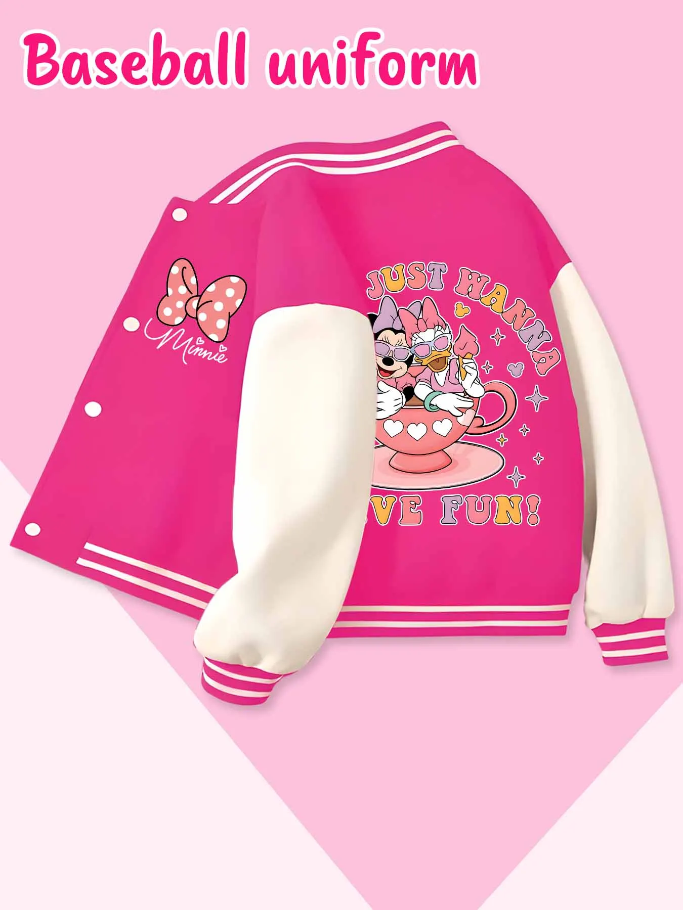 Chaqueta de béisbol de tendencia de moda de Disney, adecuada para deportes diarios y ropa casual, estampada con lindo patrón de Minnie, bonito regalo.