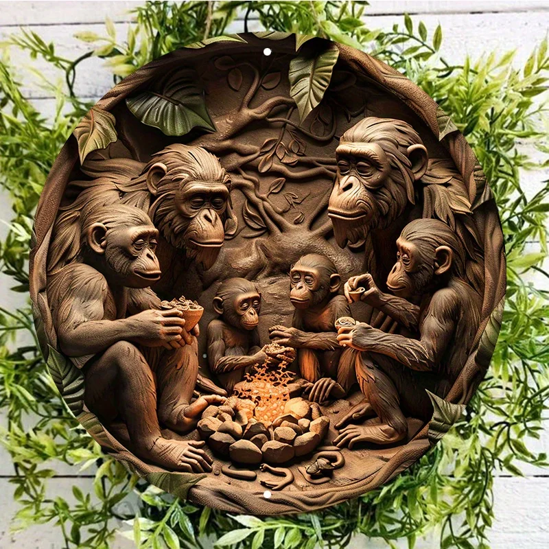 

Monkey Family Round Wall Art Decor, Aluminum Metal Sign, Diameter, Waterproof, Outdoor and Indoor Hanging Decor, 8in, 11.8in