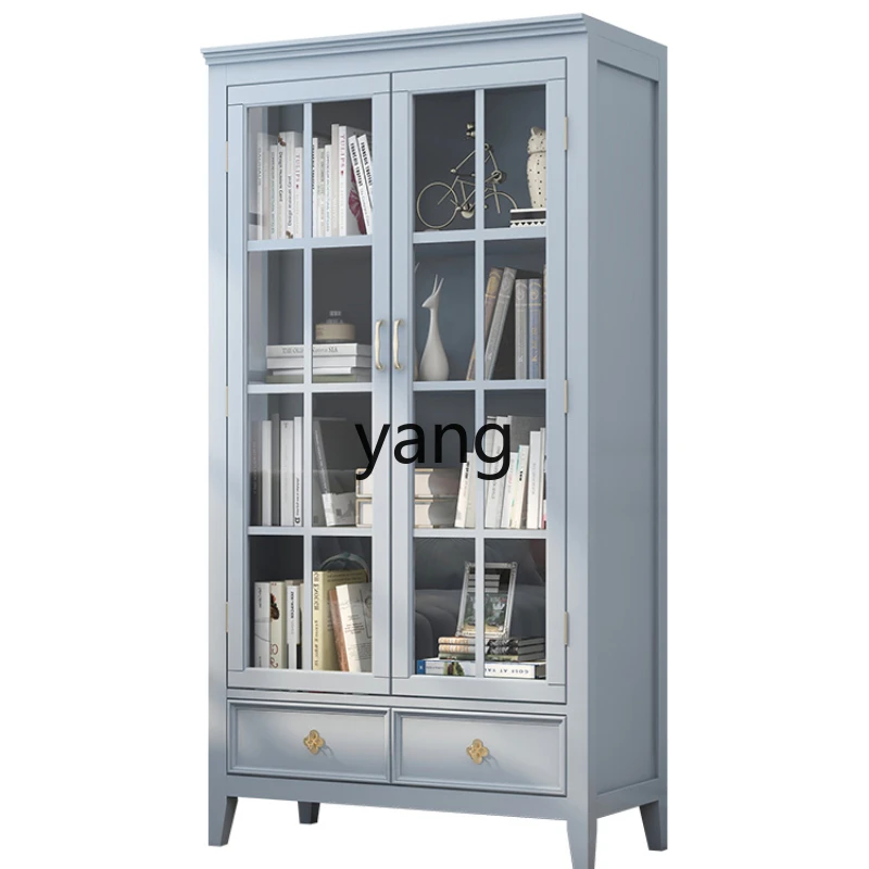 Yjq Glass Door Bookcase Dust-Proof Solid Wood Living Room Bedroom Floor Hand-Made Display Light Luxury