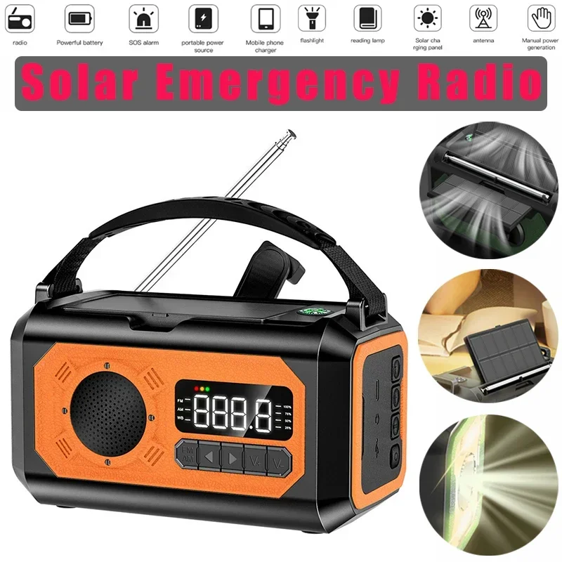 

12000mah Solar Panel Emergency Radio Hand-Cranked with LED Flashlight, Power Bank, SOS Alarm, FM/AM/NOAA FM-Level Radio Function