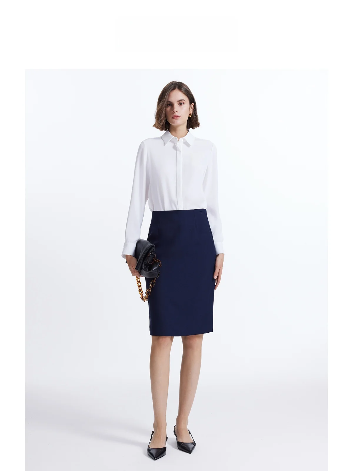 

LeLenth Professional Women's Midi Skirt Black Tailored Workwear A-Line Skirt High Waist Commute Style Polyester Fiber